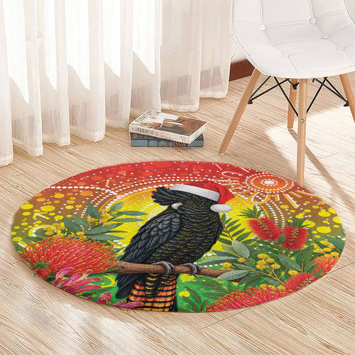 Australia Christmas Black Cockatoo Round Carpet Aboriginal Art