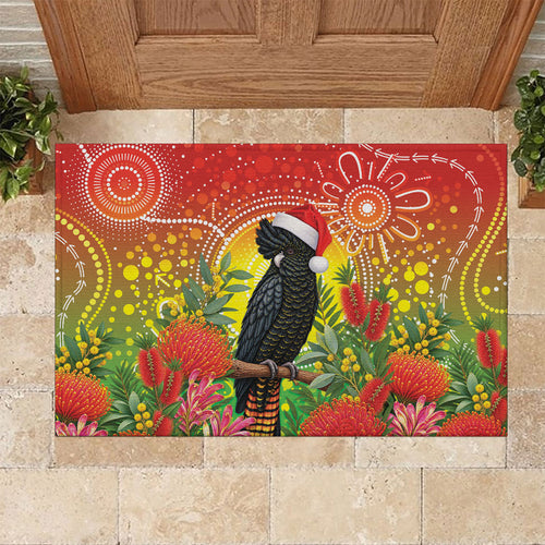 Australia Christmas Black Cockatoo Rubber Doormat Aboriginal Art