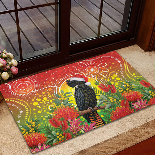 Australia Christmas Black Cockatoo Rubber Doormat Aboriginal Art
