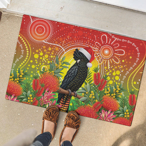 Australia Christmas Black Cockatoo Rubber Doormat Aboriginal Art