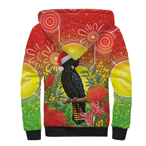 Australia Christmas Black Cockatoo Sherpa Hoodie Aboriginal Art