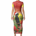 Australia Christmas Black Cockatoo Short Sleeve Bodycon Dress Aboriginal Art