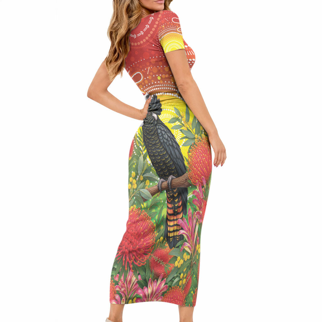 Australia Christmas Black Cockatoo Short Sleeve Bodycon Dress Aboriginal Art