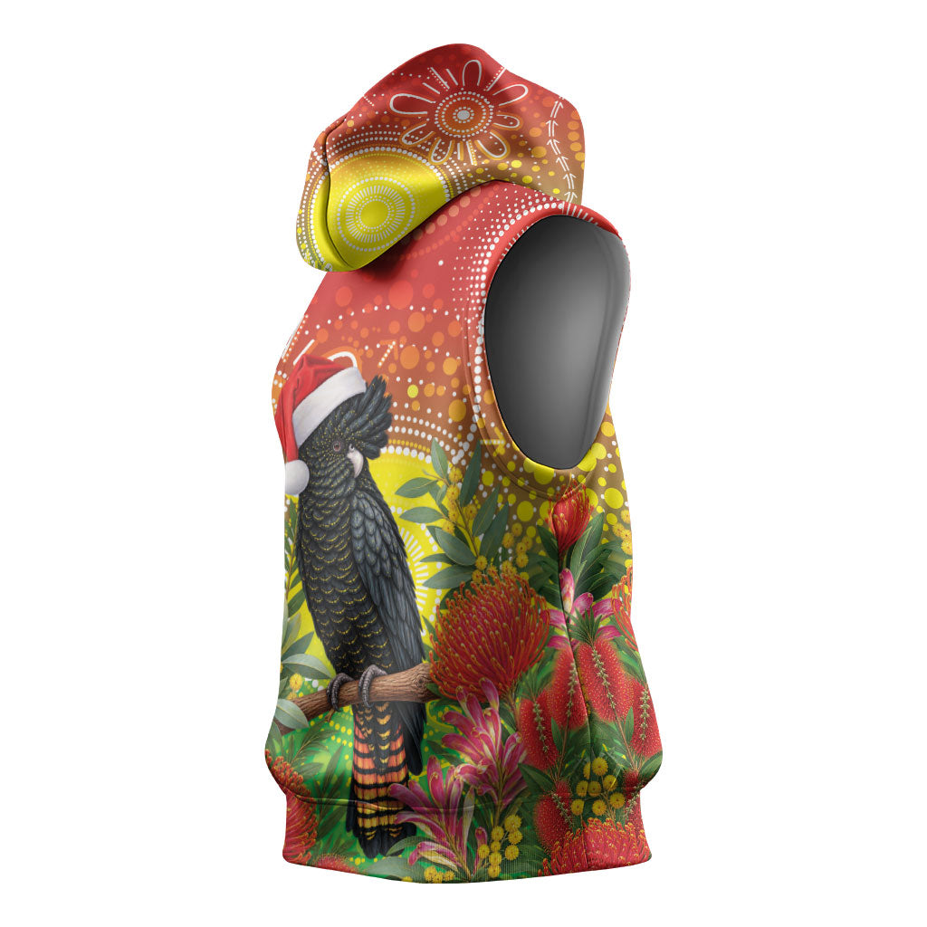 Australia Christmas Black Cockatoo Sleeveless Hoodie Aboriginal Art