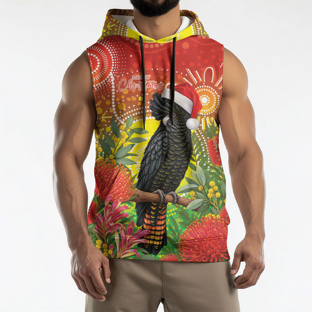 Australia Christmas Black Cockatoo Sleeveless Hoodie Aboriginal Art