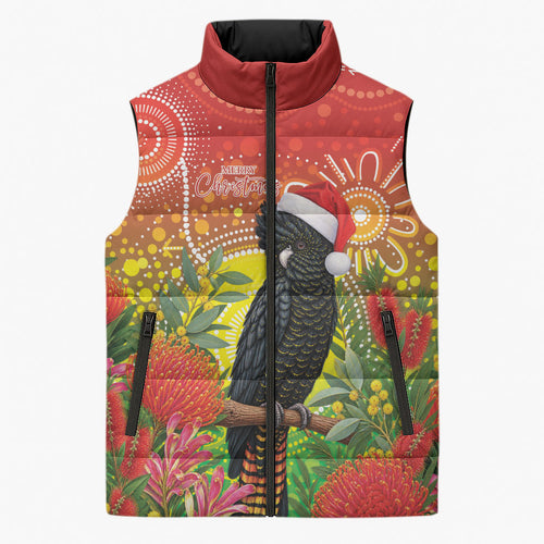 Australia Christmas Black Cockatoo Sleeveless Puffer Jacket Aboriginal Art