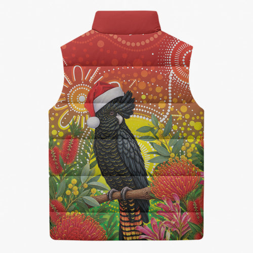 Australia Christmas Black Cockatoo Sleeveless Puffer Jacket Aboriginal Art