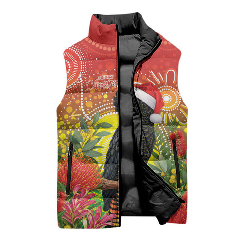 Australia Christmas Black Cockatoo Sleeveless Puffer Jacket Aboriginal Art