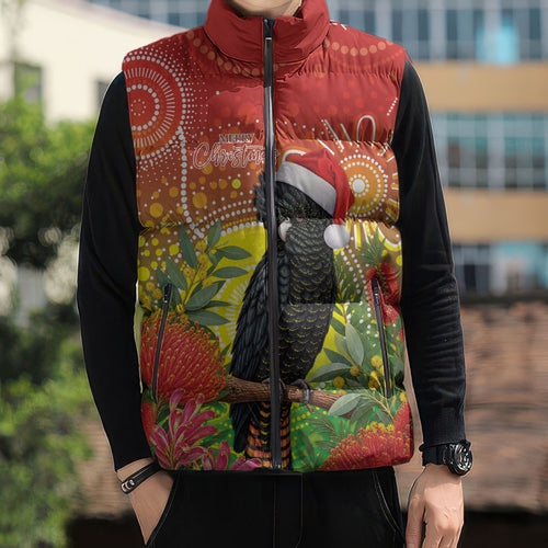 Australia Christmas Black Cockatoo Sleeveless Puffer Jacket Aboriginal Art