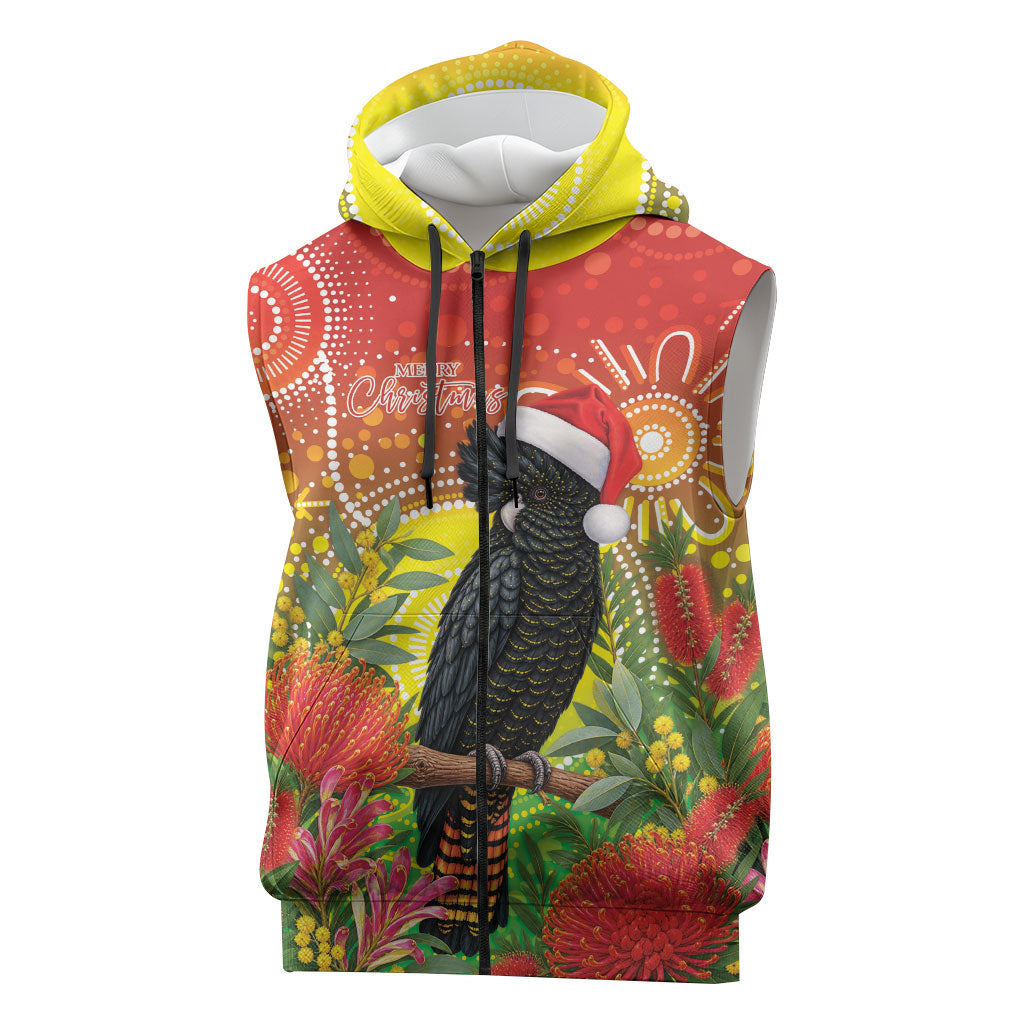 Australia Christmas Black Cockatoo Sleeveless Zip Hoodie Aboriginal Art