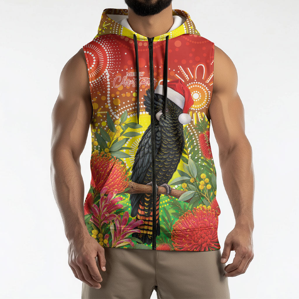 Australia Christmas Black Cockatoo Sleeveless Zip Hoodie Aboriginal Art