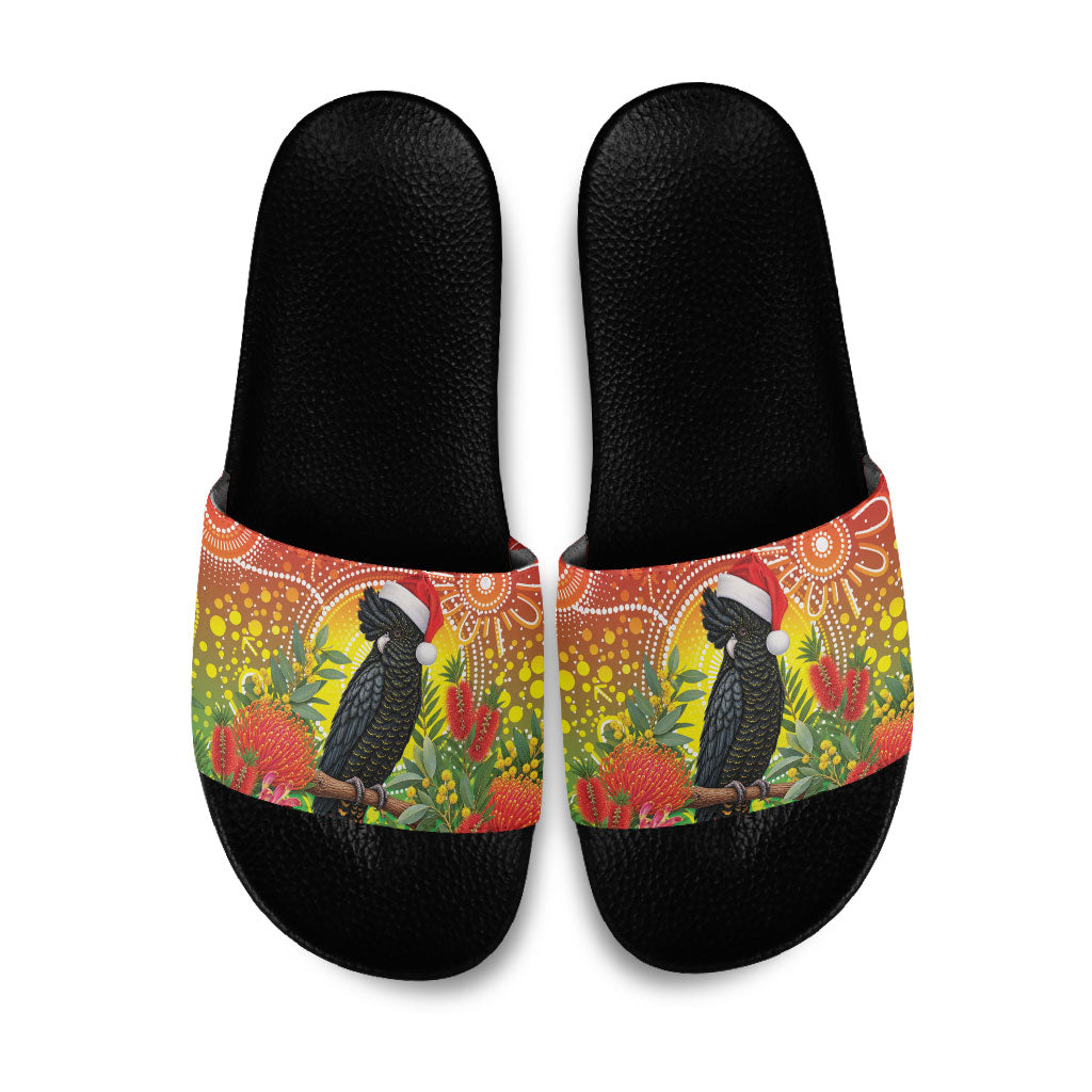 Australia Christmas Black Cockatoo Slide Sandals Aboriginal Art