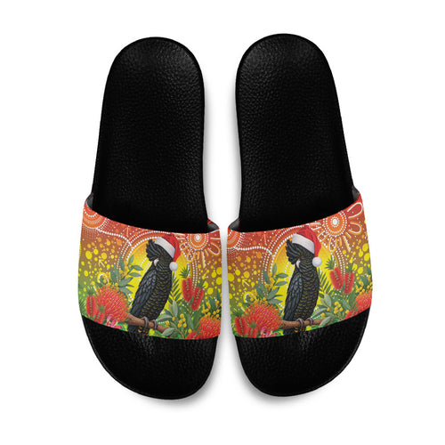 Australia Christmas Black Cockatoo Slide Sandals Aboriginal Art