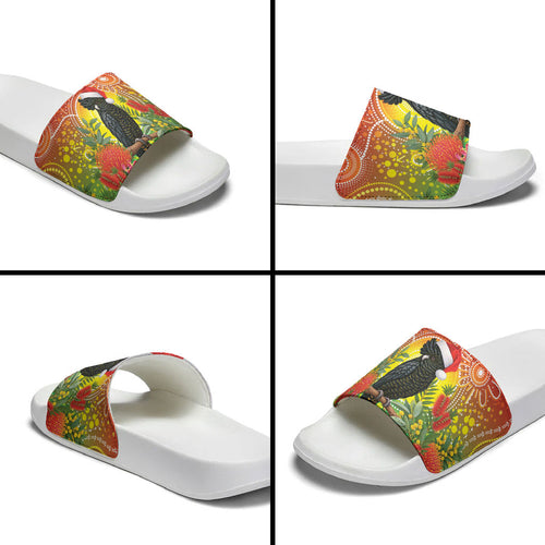 Australia Christmas Black Cockatoo Slide Sandals Aboriginal Art