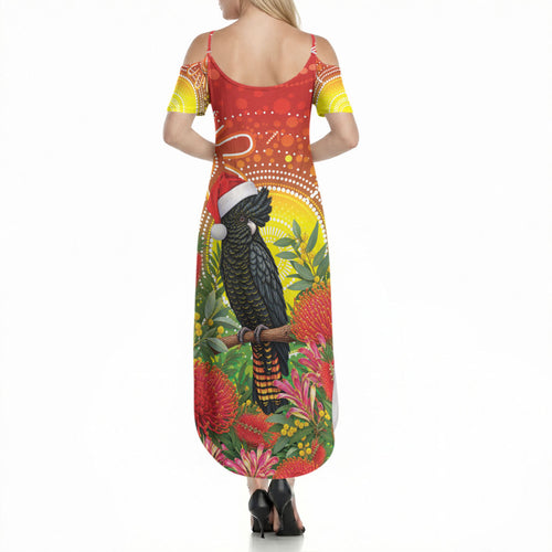 Australia Christmas Black Cockatoo Summer Maxi Dress Aboriginal Art