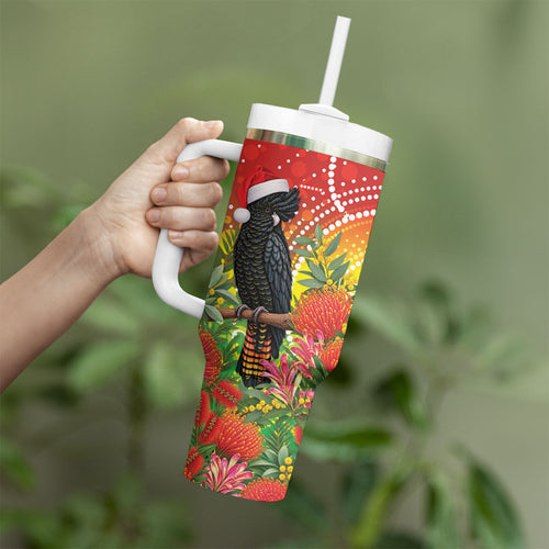 Australia Christmas Black Cockatoo Tumbler With Handle Aboriginal Art