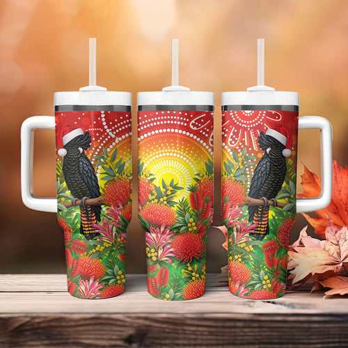 Australia Christmas Black Cockatoo Tumbler With Handle Aboriginal Art