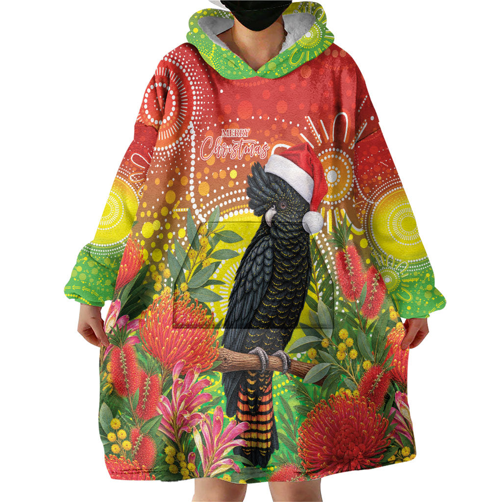 Australia Christmas Black Cockatoo Wearable Blanket Hoodie Aboriginal Art