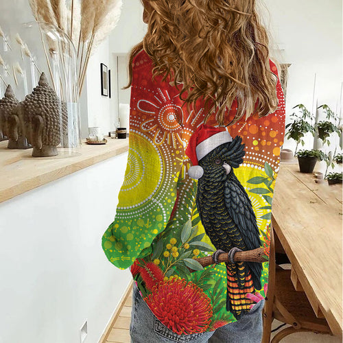 Australia Christmas Black Cockatoo Women Casual Shirt Aboriginal Art