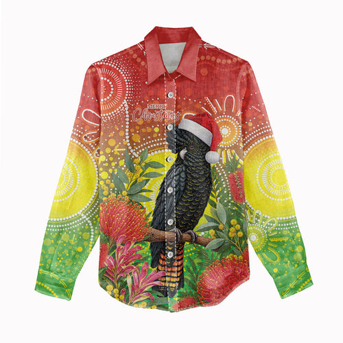 Australia Christmas Black Cockatoo Women Casual Shirt Aboriginal Art