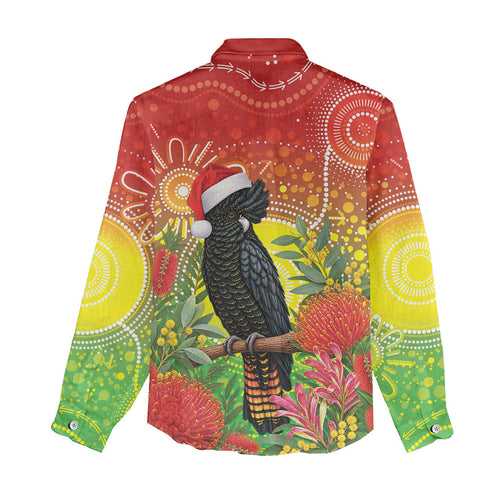 Australia Christmas Black Cockatoo Women Casual Shirt Aboriginal Art