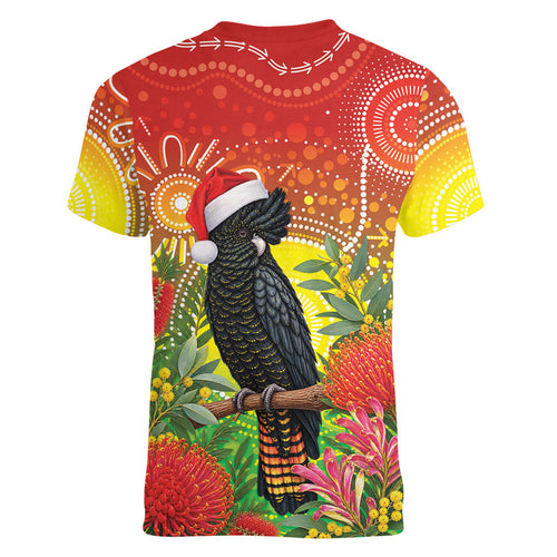 Australia Christmas Black Cockatoo Women V-Neck T-Shirt Aboriginal Art