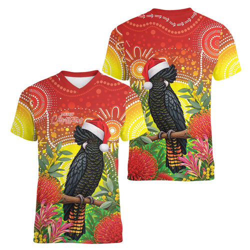 Australia Christmas Black Cockatoo Women V-Neck T-Shirt Aboriginal Art