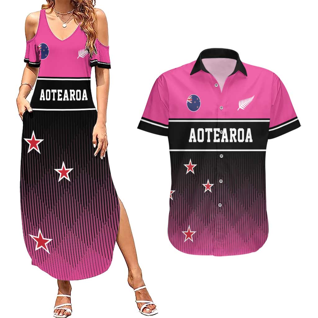 Custom New Zealand Women Cricket Couples Matching Summer Maxi Dress and Hawaiian Shirt Pink Simple Style
