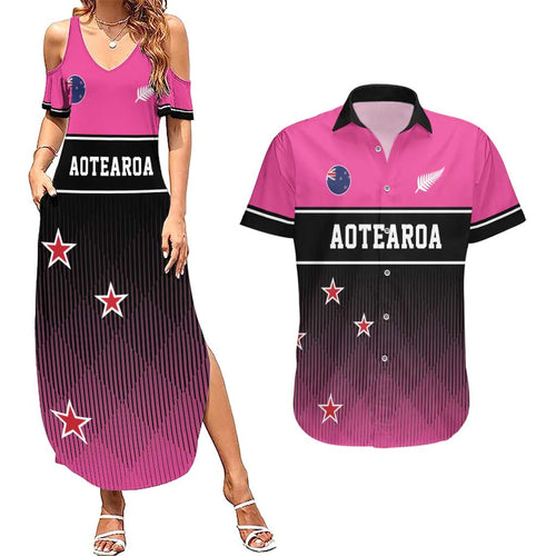 Custom New Zealand Women Cricket Couples Matching Summer Maxi Dress and Hawaiian Shirt Pink Simple Style