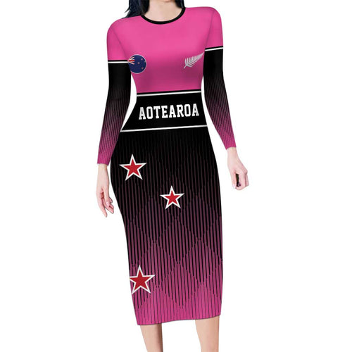 Custom New Zealand Women Cricket Family Matching Long Sleeve Bodycon Dress and Hawaiian Shirt Pink Simple Style