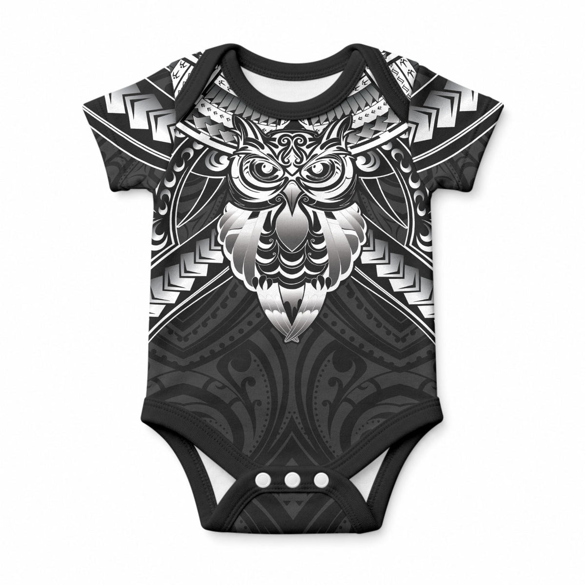 New Zealand Morepork Baby Onesie Maori Pattern Black
