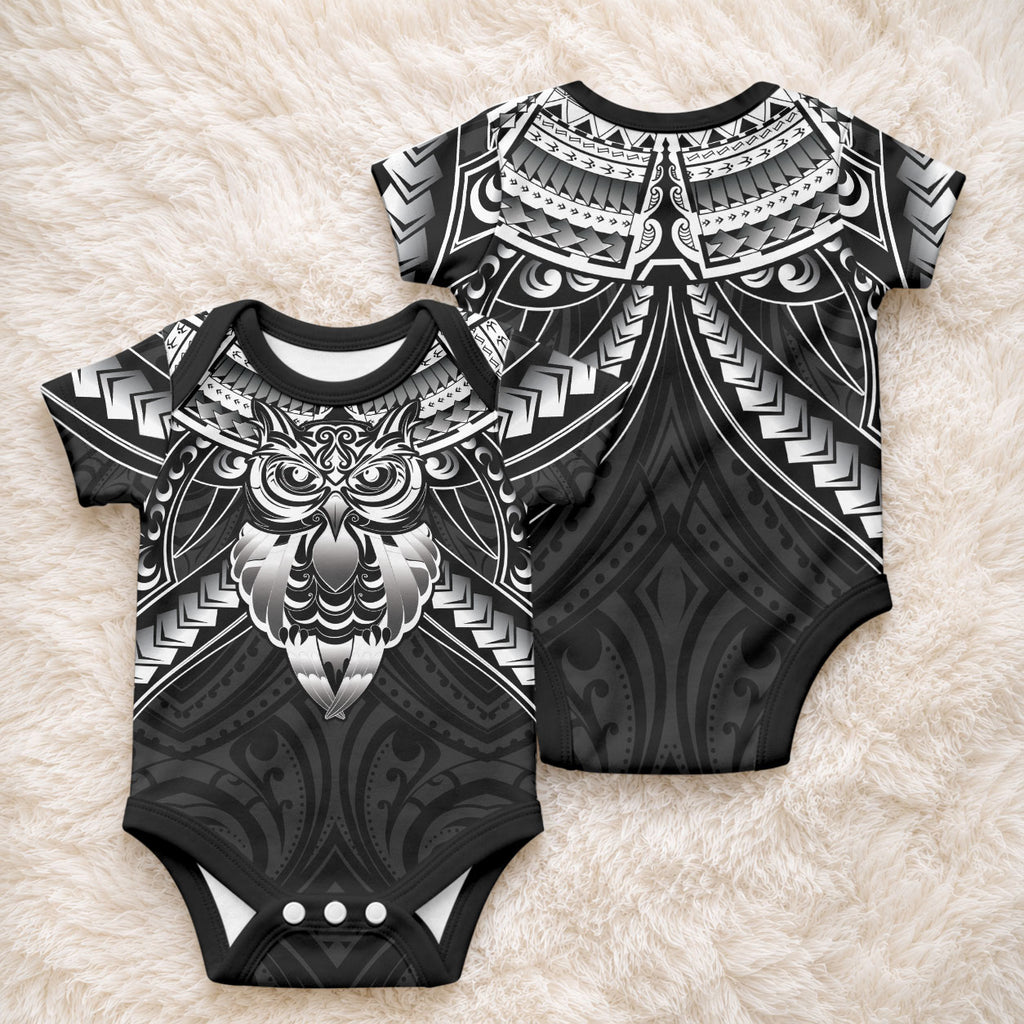 New Zealand Morepork Baby Onesie Maori Pattern Black