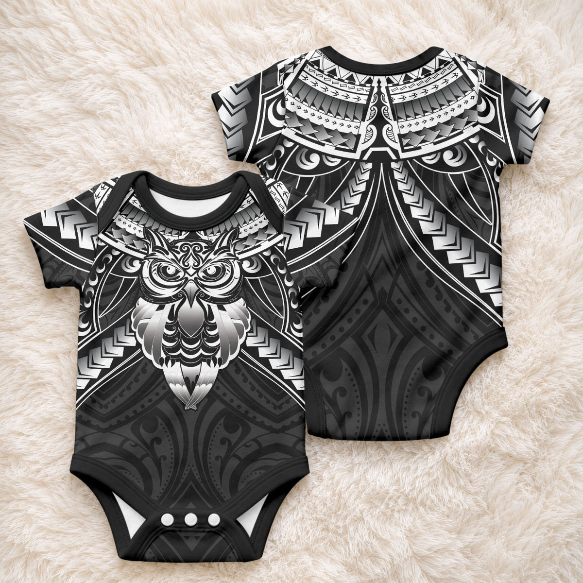 New Zealand Morepork Baby Onesie Maori Pattern Black