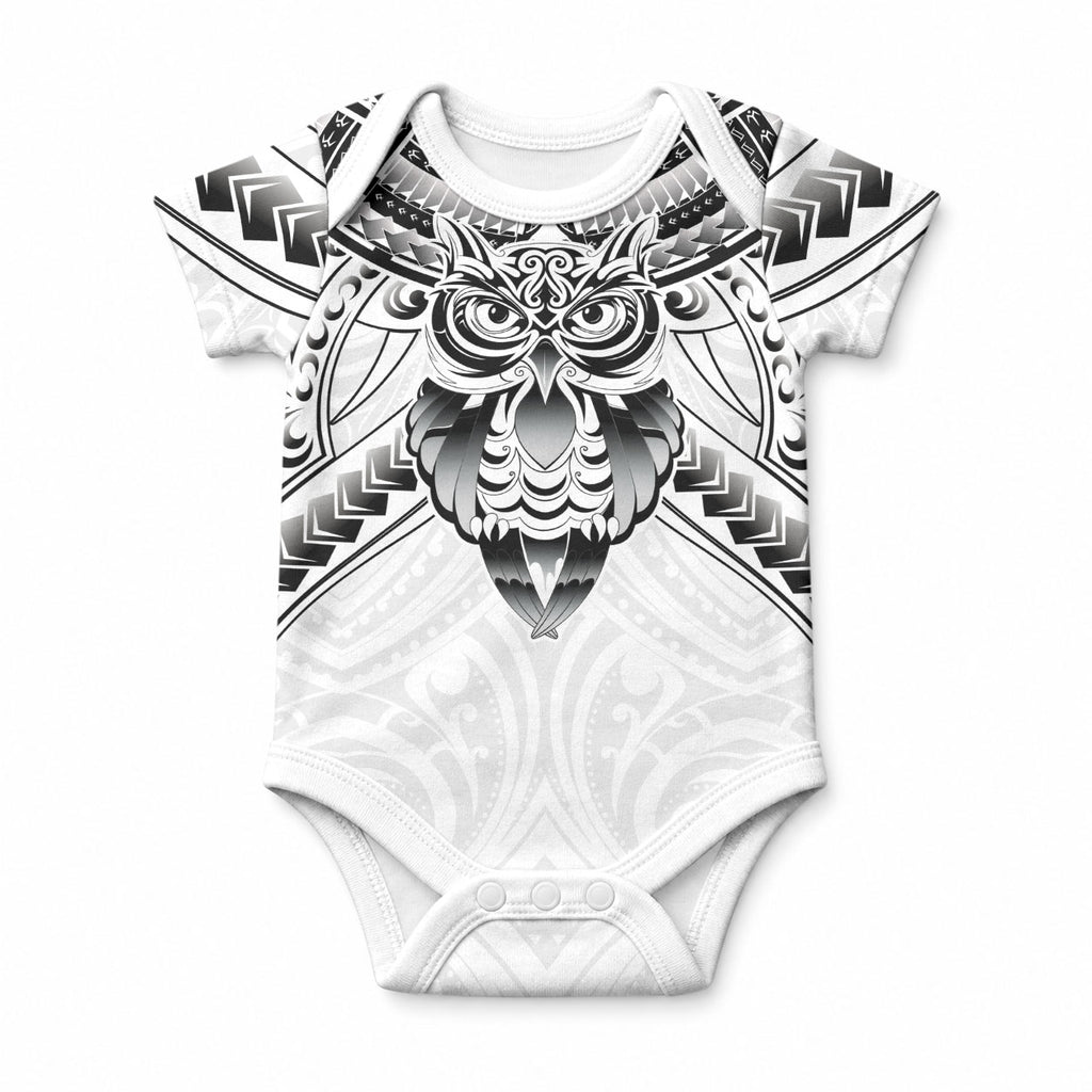 New Zealand Morepork Baby Onesie Maori Pattern White