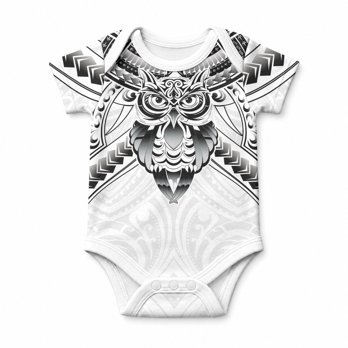 New Zealand Morepork Baby Onesie Maori Pattern White
