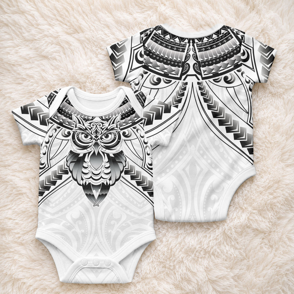 New Zealand Morepork Baby Onesie Maori Pattern White