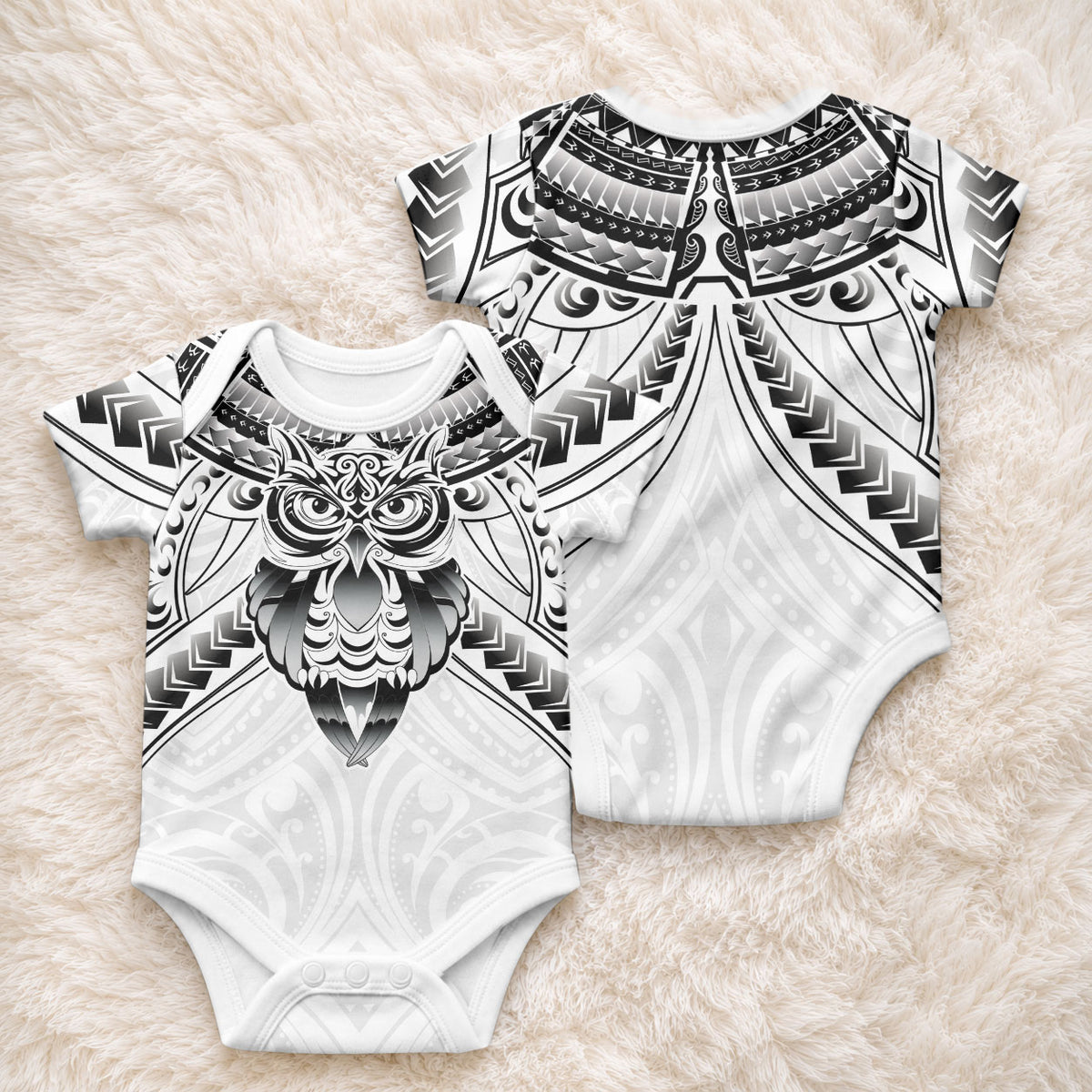 New Zealand Morepork Baby Onesie Maori Pattern White