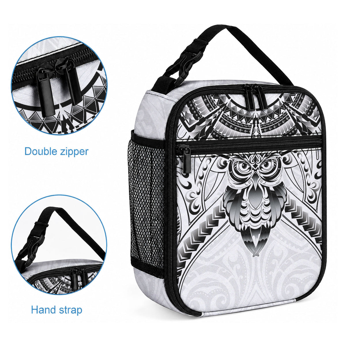 New Zealand Morepork Lunch Bag Maori Pattern White