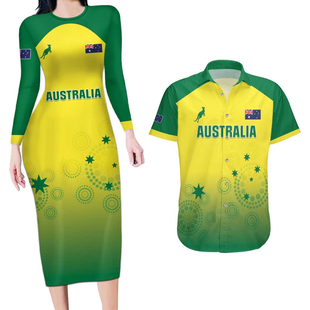 Custom Australia Cricket Couples Matching Long Sleeve Bodycon Dress and Hawaiian Shirt Go Champions Aussies LT05