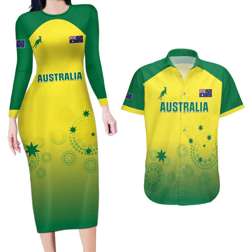Custom Australia Cricket Couples Matching Long Sleeve Bodycon Dress and Hawaiian Shirt Go Champions Aussies LT05