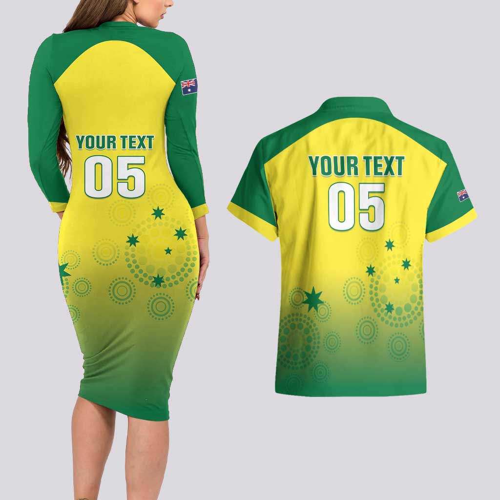 Custom Australia Cricket Couples Matching Long Sleeve Bodycon Dress and Hawaiian Shirt Go Champions Aussies LT05