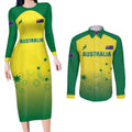 Custom Australia Cricket Couples Matching Long Sleeve Bodycon Dress and Long Sleeve Button Shirt Go Champions Aussies LT05