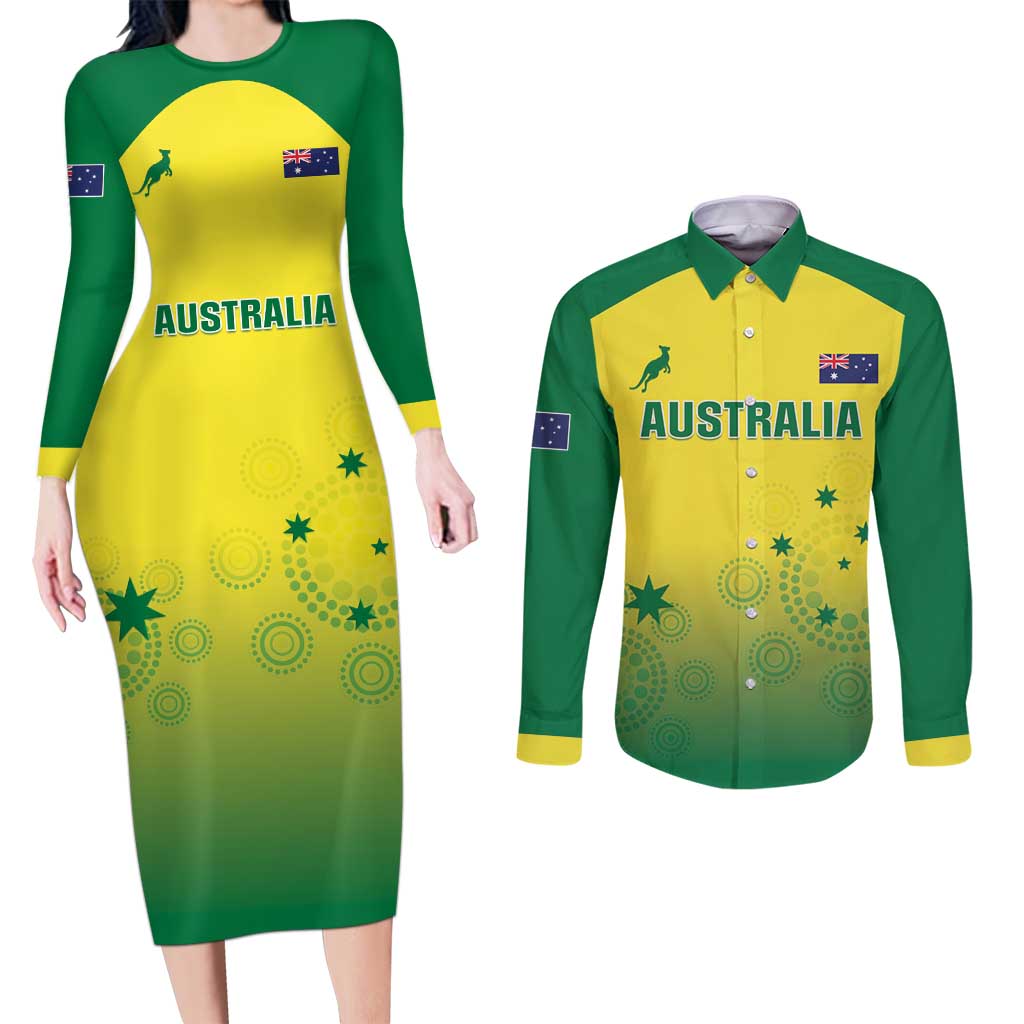 Custom Australia Cricket Couples Matching Long Sleeve Bodycon Dress and Long Sleeve Button Shirt Go Champions Aussies LT05