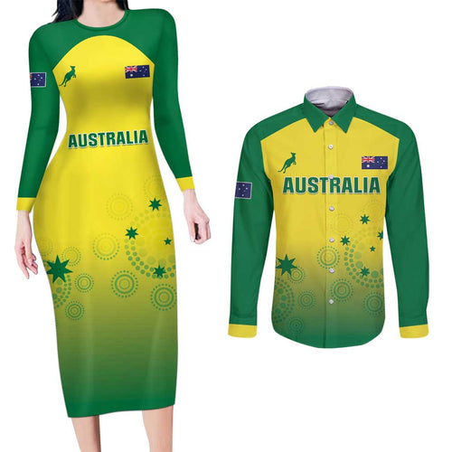 Custom Australia Cricket Couples Matching Long Sleeve Bodycon Dress and Long Sleeve Button Shirt Go Champions Aussies LT05
