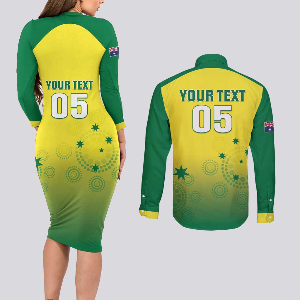 Custom Australia Cricket Couples Matching Long Sleeve Bodycon Dress and Long Sleeve Button Shirt Go Champions Aussies LT05
