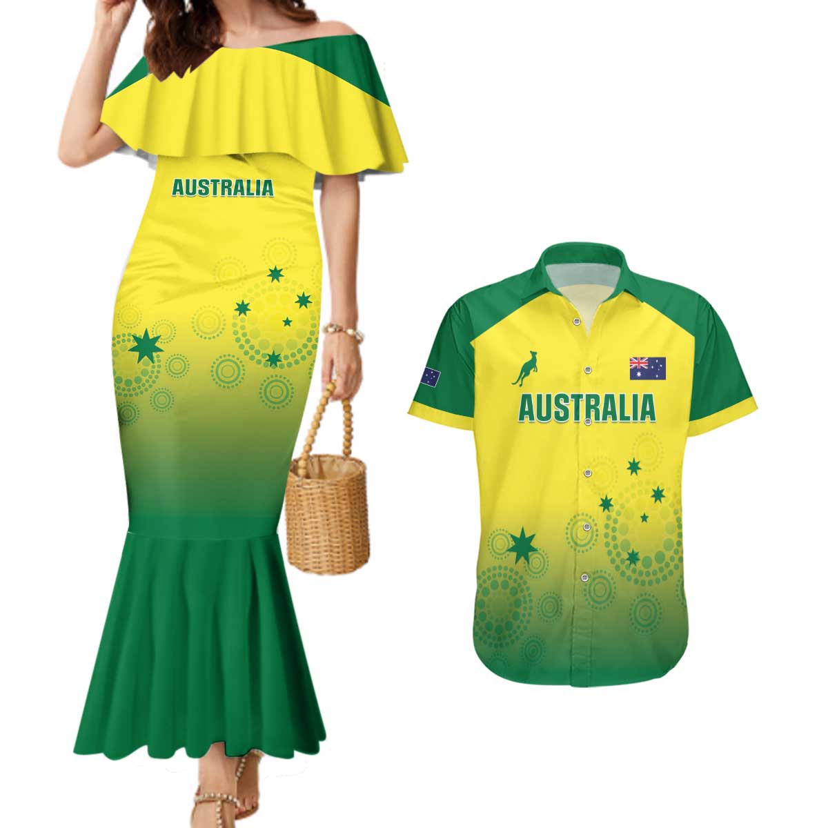 Custom Australia Cricket Couples Matching Mermaid Dress and Hawaiian Shirt Go Champions Aussies LT05
