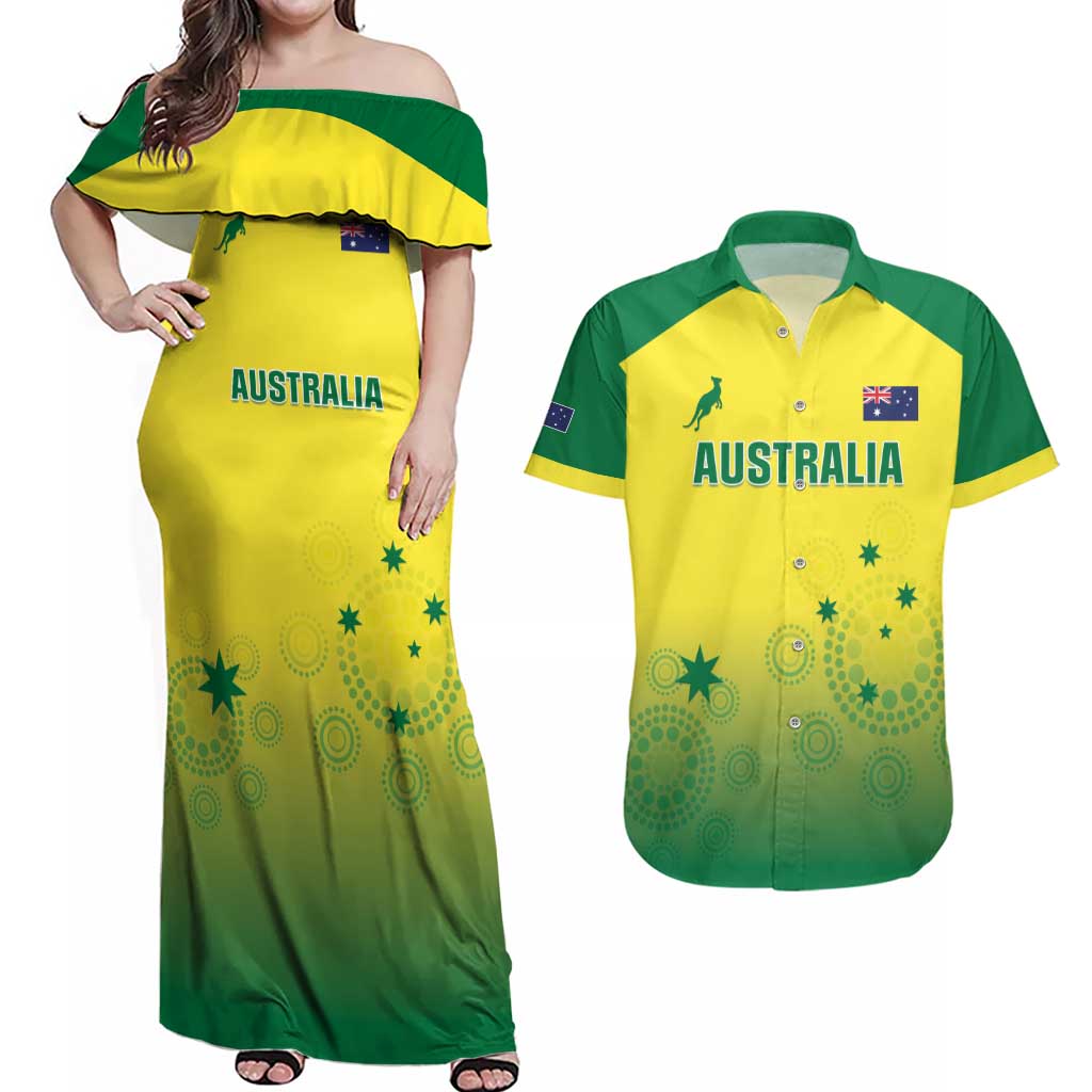 Custom Australia Cricket Couples Matching Off Shoulder Maxi Dress and Hawaiian Shirt Go Champions Aussies LT05