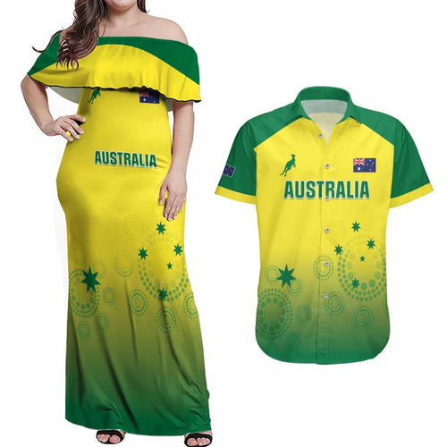Custom Australia Cricket Couples Matching Off Shoulder Maxi Dress and Hawaiian Shirt Go Champions Aussies LT05