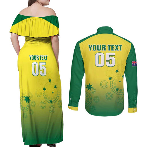 Custom Australia Cricket Couples Matching Off Shoulder Maxi Dress and Long Sleeve Button Shirt Go Champions Aussies LT05