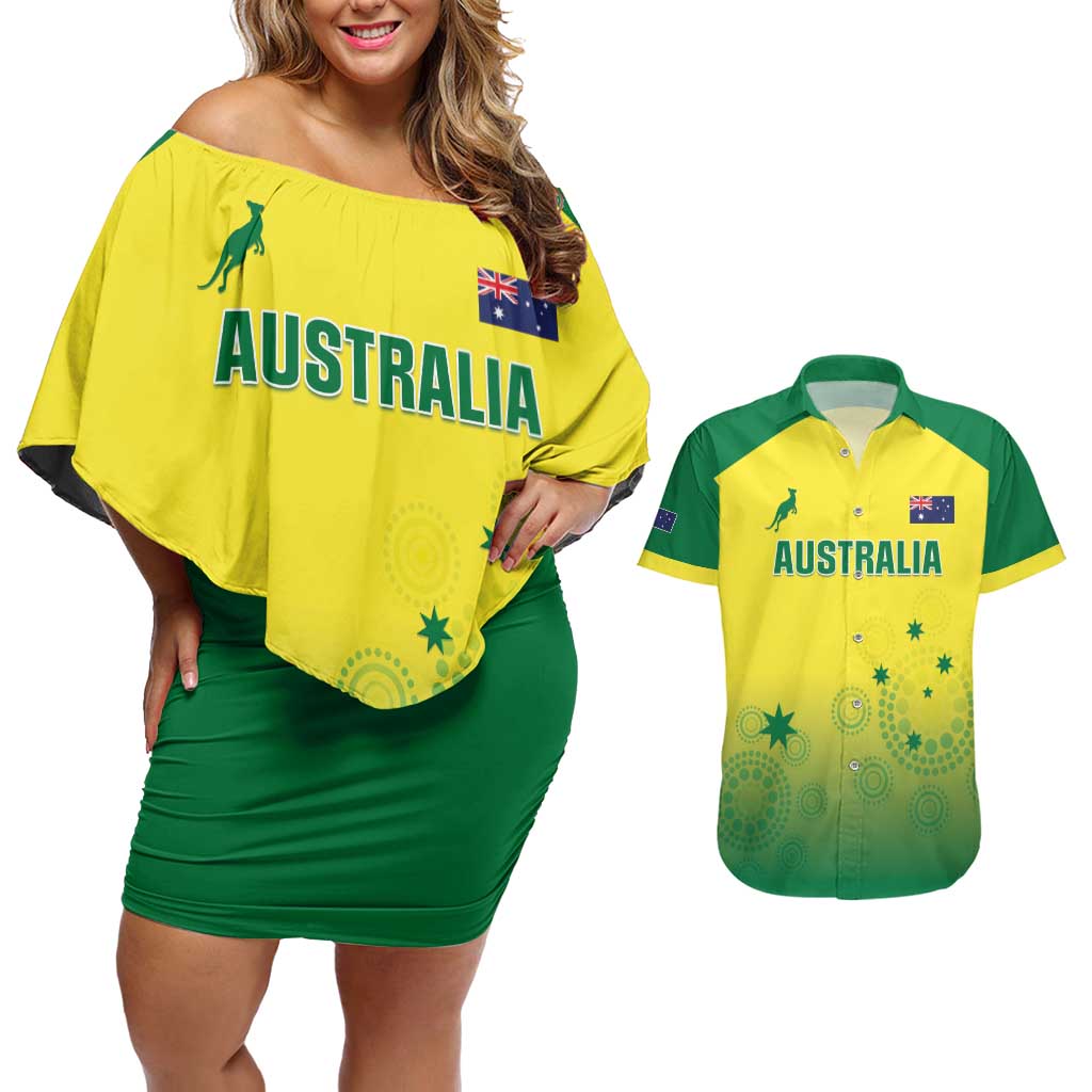 Custom Australia Cricket Couples Matching Off Shoulder Short Dress and Hawaiian Shirt Go Champions Aussies LT05